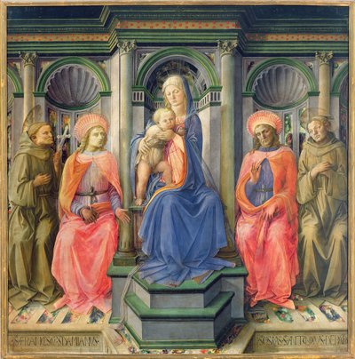 Madonna und Kind auf dem Thron mit den Heiligen Franziskus, Cosmas, Damian und Antonius von Padua, ca. 1442-45 von Fra Filippo Lippi